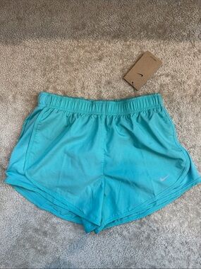 Nike Women's Teal Athletic Shorts with Light Pink Swoosh